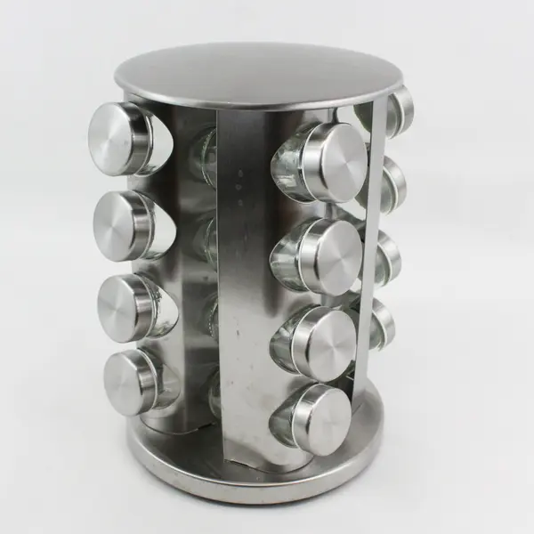 Stainless Steel And Glass 16 Jar Revolving Spice Rack With Labels