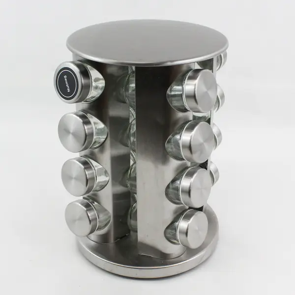 Stainless Steel And Glass 16 Jar Revolving Spice Rack With Labels