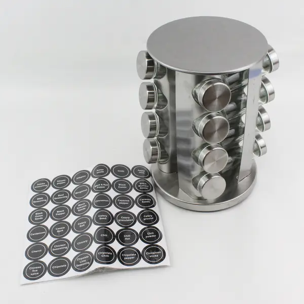 Stainless Steel And Glass 16 Jar Revolving Spice Rack With Labels
