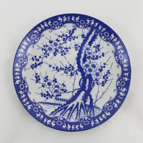 Blue And White Ceramic Decorative Plate Cherry Tree Branch With Blossoms 9.5"