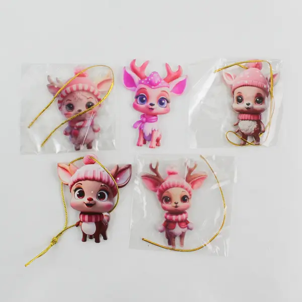 Set of 5 Acrylic Reindeer Wearing Pink Hats And Scarves Ornaments