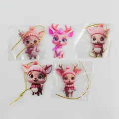 Set of 5 Acrylic Reindeer Wearing Pink Hats And Scarves Ornaments