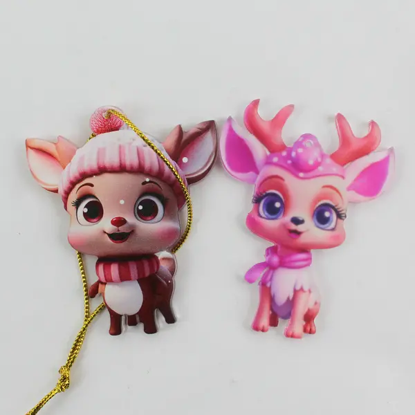 Set of 5 Acrylic Reindeer Wearing Pink Hats And Scarves Ornaments