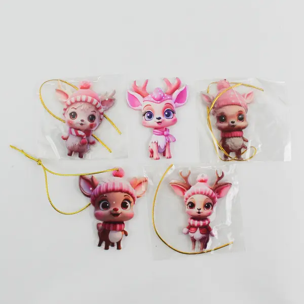 Set of 5 Acrylic Reindeer Wearing Pink Hats And Scarves Ornaments