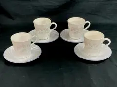 4 Vintage Corning Pink Trio Coffee Mugs and Saucer Sets White Swirl Pink Flowers