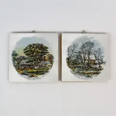 Vintage Lot of 2 Currier & Ives Trivets Rustic Farmhouse Cork Back Kitchen Decor
