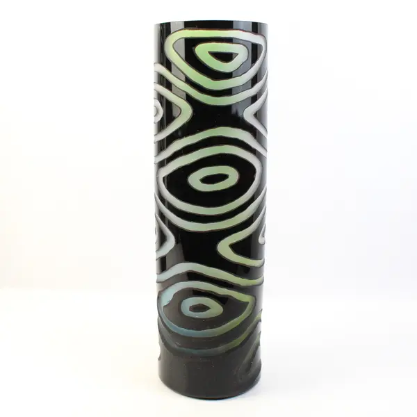 Large Black Glass Vase With Gray Swirls 16"