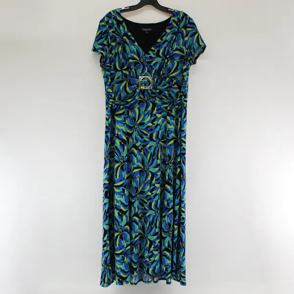 Perceptions Blue Green and Black Short-Sleeved V-Neck Long Dress Women's 16