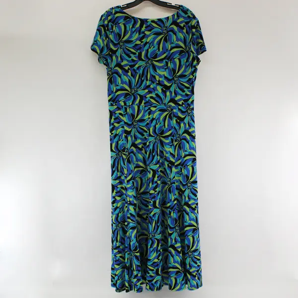 Perceptions Blue Green and Black Short-Sleeved V-Neck Long Dress Women's 16