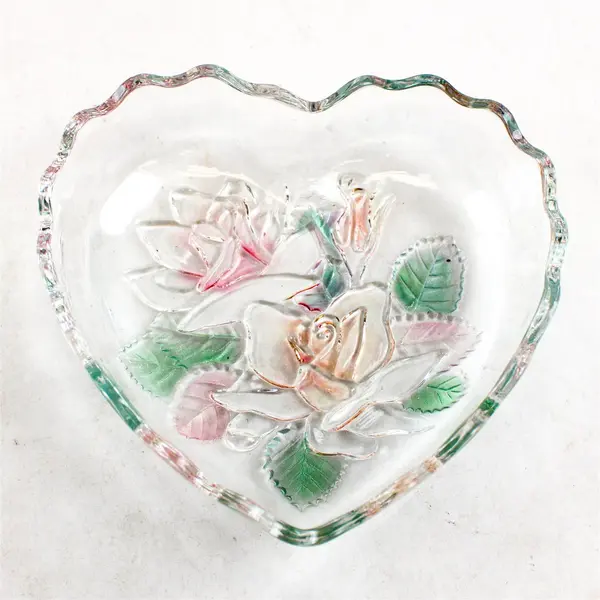 Vintage Heart-Shaped Glass Candy Bowl Etched Iridescent Rose 6in