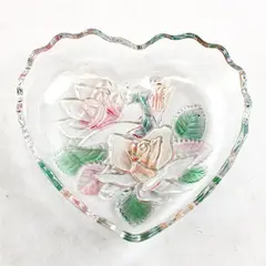 Vintage Heart-Shaped Glass Candy Bowl Etched Iridescent Rose 6in