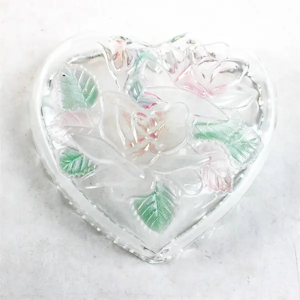Vintage Heart-Shaped Glass Candy Bowl Etched Iridescent Rose 6in