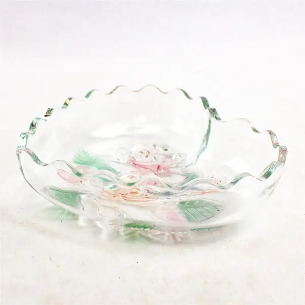 Vintage Heart-Shaped Glass Candy Bowl Etched Iridescent Rose 6in
