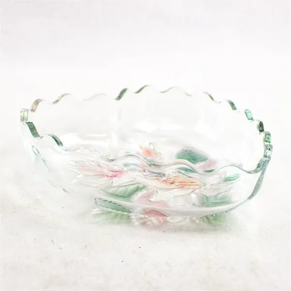 Vintage Heart-Shaped Glass Candy Bowl Etched Iridescent Rose 6in