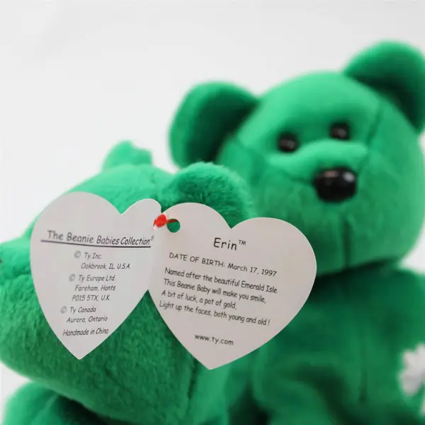 Lot Of 2 TY Beanie Babies Erin 1997 Green Bear With & Without Tag Plush Doll Toy