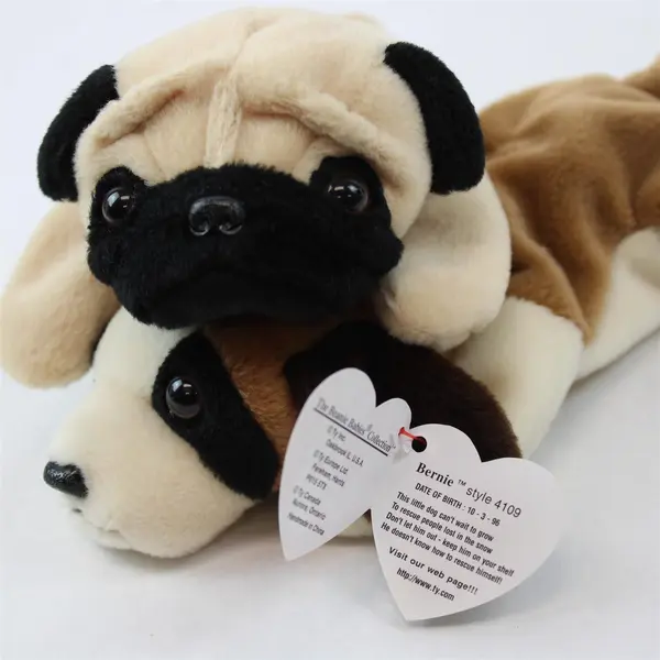 Lot Of 2 Ty Beanie Babies Bernie St. Bernard Style 4109 & No Tag Pugsly Pug 1996