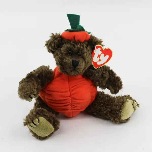 TY Beanie Babies Attic Treasures Peter 1993 Brown Bear Wearing Pumpkin W/ Tag