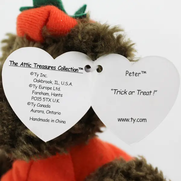 TY Beanie Babies Attic Treasures Peter 1993 Brown Bear Wearing Pumpkin W/ Tag