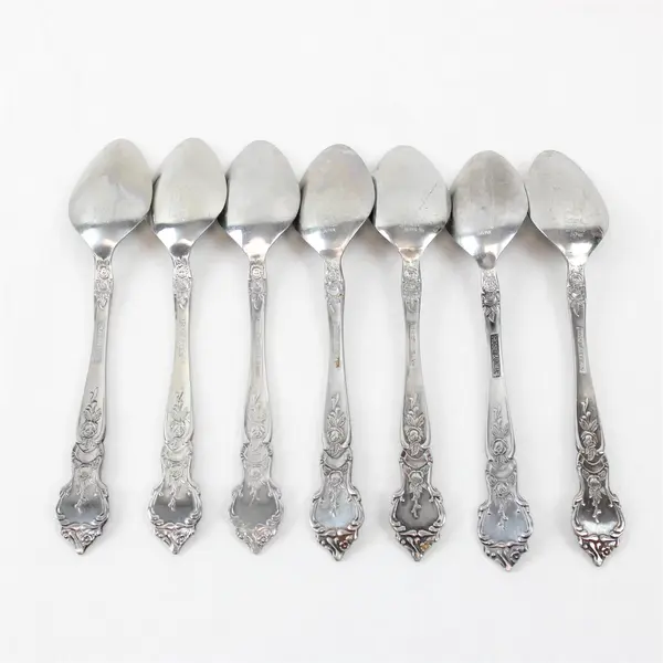 Lot of 7 National Stainless Rose & Leaf Pattern Stainless Teaspoons 6.5"