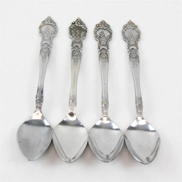Lot of 4 National Stainless Rose & Leaf Pattern Stainless Teaspoons 6.5" 