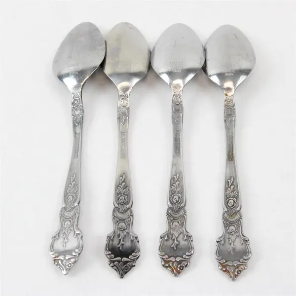 Lot of 4 National Stainless Rose & Leaf Pattern Stainless Teaspoons 6.5" 
