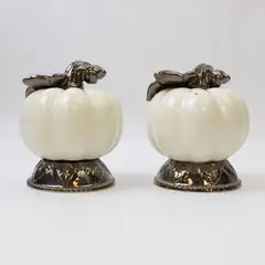 White Ceramic Gourd Salt & Pepper Shakers Gold Accents 3.5in Chip