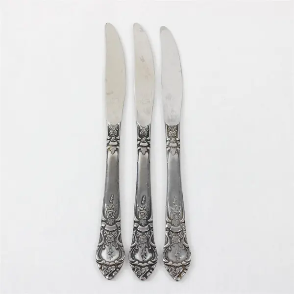 Lot of 3 National Stainless Rose & Leaf Pattern Stainless Dinner Knives 9"