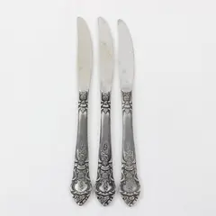 Lot of 3 National Stainless Rose & Leaf Pattern Stainless Dinner Knives 9"