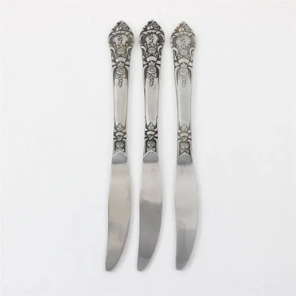 Lot of 3 National Stainless Rose & Leaf Pattern Stainless Dinner Knives 9"