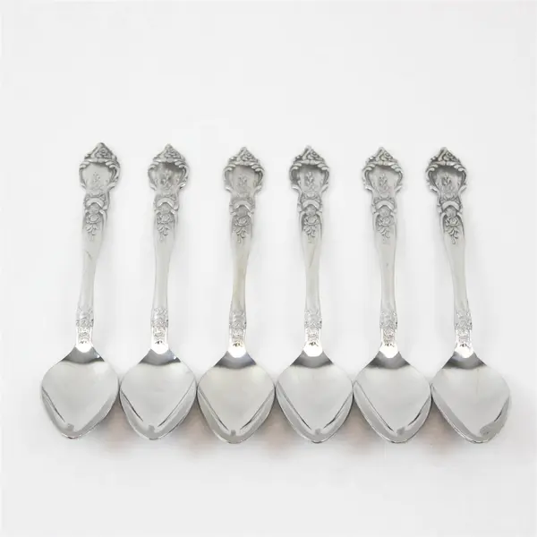 Lot of 6 National Stainless Rose & Leaf Pattern SS Teaspoons 6.5"