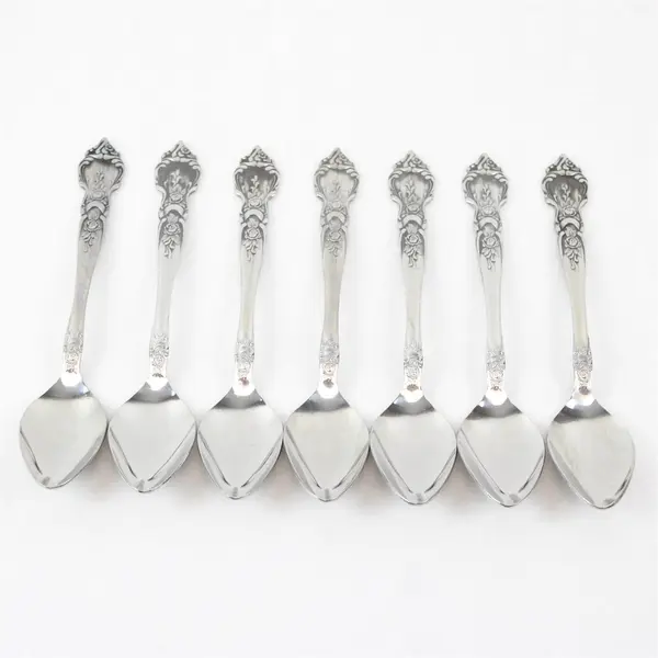 Lot of 7 National Stainless Rose & Leaf Pattern SS Teaspoons 6.5"