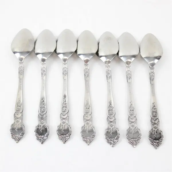 Lot of 7 National Stainless Rose & Leaf Pattern SS Teaspoons 6.5"
