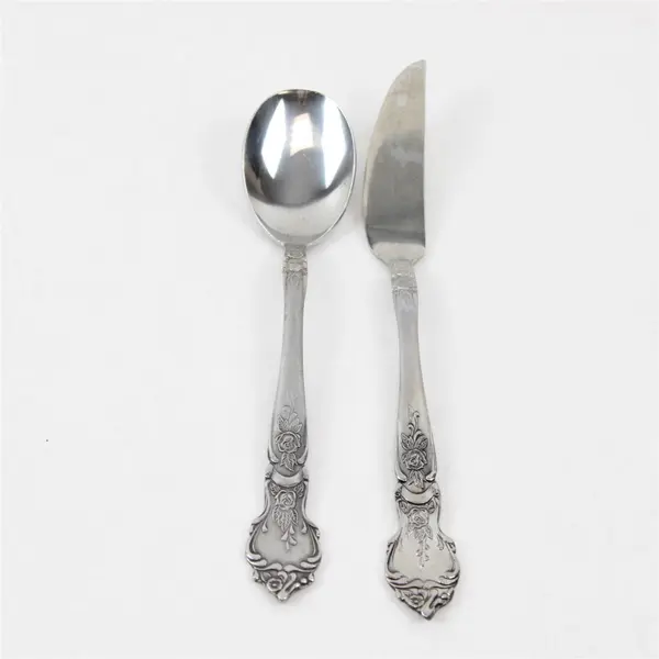 Lot of 2 National Stainless Rose & Leaf Pattern SS Sugar Spoon Butter Knife Rare