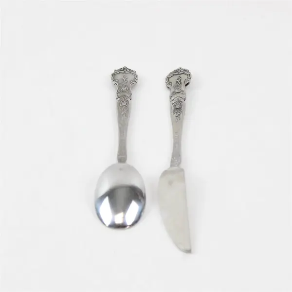 Lot of 2 National Stainless Rose & Leaf Pattern SS Sugar Spoon Butter Knife Rare