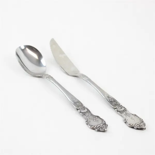 Lot of 2 National Stainless Rose & Leaf Pattern SS Sugar Spoon Butter Knife Rare