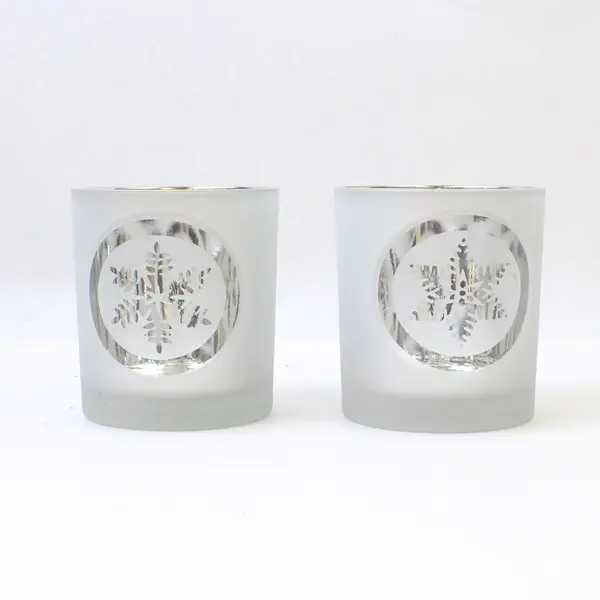 Set of 2 Frosted Glass Snowflake Votive Tealight Candle Holders Holiday