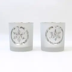 Set of 2 Frosted Glass Snowflake Votive Tealight Candle Holders Holiday