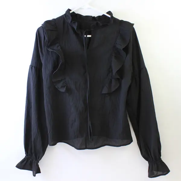 Favlux Semi-Sheer Black Ruffled Balloon Sleeve Top Women's Small