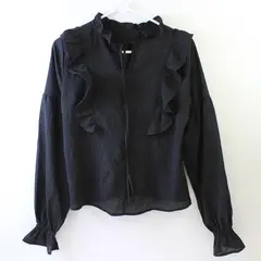 Favlux Semi-Sheer Black Ruffled Balloon Sleeve Top Women's Small
