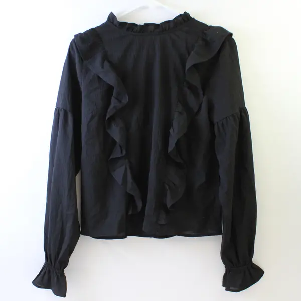 Favlux Semi-Sheer Black Ruffled Balloon Sleeve Top Women's Small