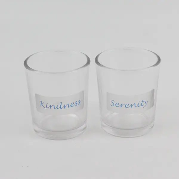 Lot Of 2 Unbranded "Kindness" "Serenity" Clear Glass Votive Candle Holders 2.5"