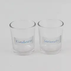 Lot Of 2 Unbranded "Kindness" "Serenity" Clear Glass Votive Candle Holders 2.5"