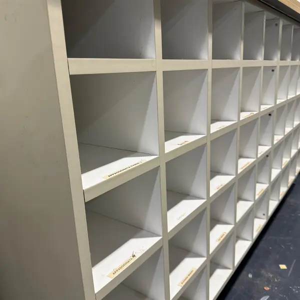 Vintage 50 Slot White Pigeon Hole Office Cabinet - Local Pickup Only
