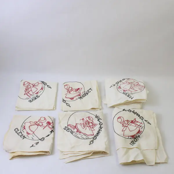 Set of 6 Vintage Embroidered Days of The Week Chores Tea Towels FLAWED