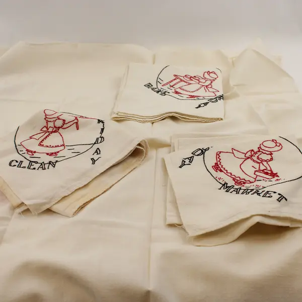 Set of 6 Vintage Embroidered Days of The Week Chores Tea Towels FLAWED