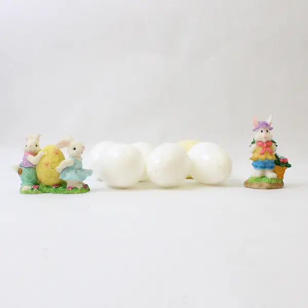 Lot of 6 White Fillable Easter Plastic Eggs and 2 Sm. Ceramic  Bunny Ornaments 