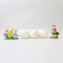 Lot of 6 White Fillable Easter Plastic Eggs and 2 Sm. Ceramic  Bunny Ornaments 