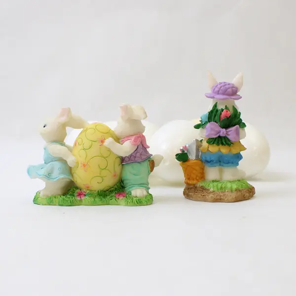 Lot of 6 White Fillable Easter Plastic Eggs and 2 Sm. Ceramic  Bunny Ornaments 