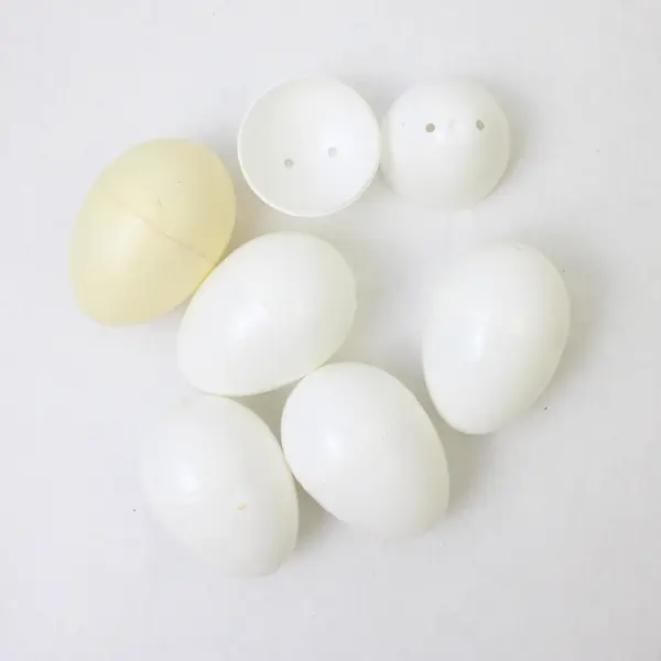 Lot of 6 White Fillable Easter Plastic Eggs and 2 Sm. Ceramic  Bunny Ornaments 
