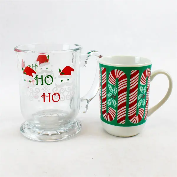 Lot of 2 Vintage Libbey Santa "Ho Ho" Clear Glass  Candy Cane Coffee Mugs